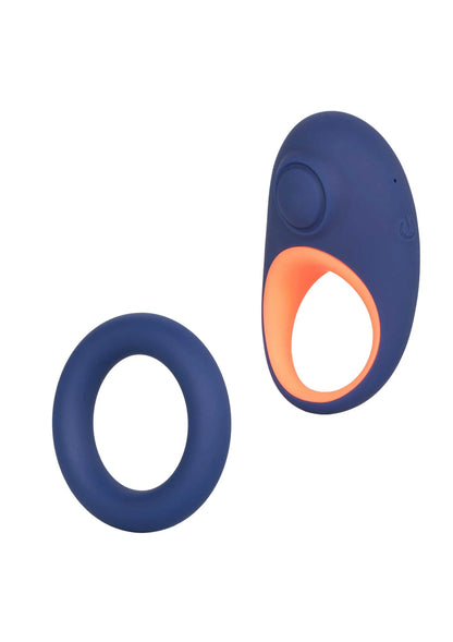 Blauwe vibrator-cockring met oranje binnenring en ovale bedienknop