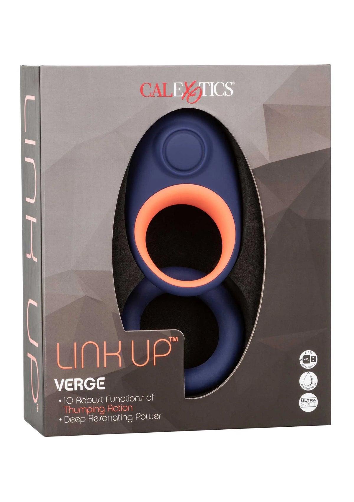 CalExotics Link Up Verge vibrator-cockring in doos, blauwe behuizing en oranje ring