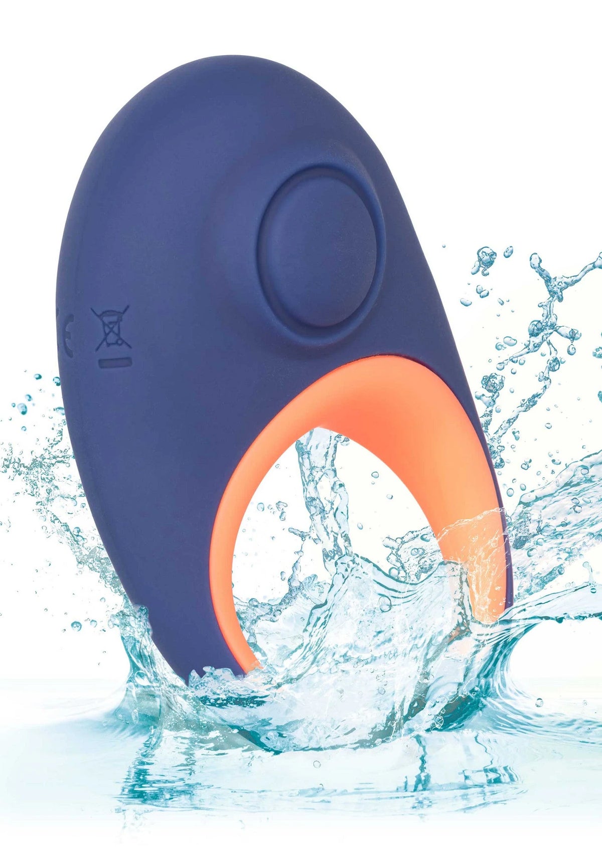 Blauwe vibrator-cockring met oranje binnenring en ovale bedienknop