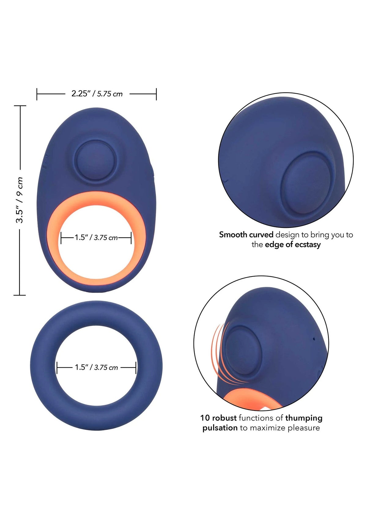 Blauwe vibrator-cockring met oranje binnenring en ovale bedienknop, met afmetingen