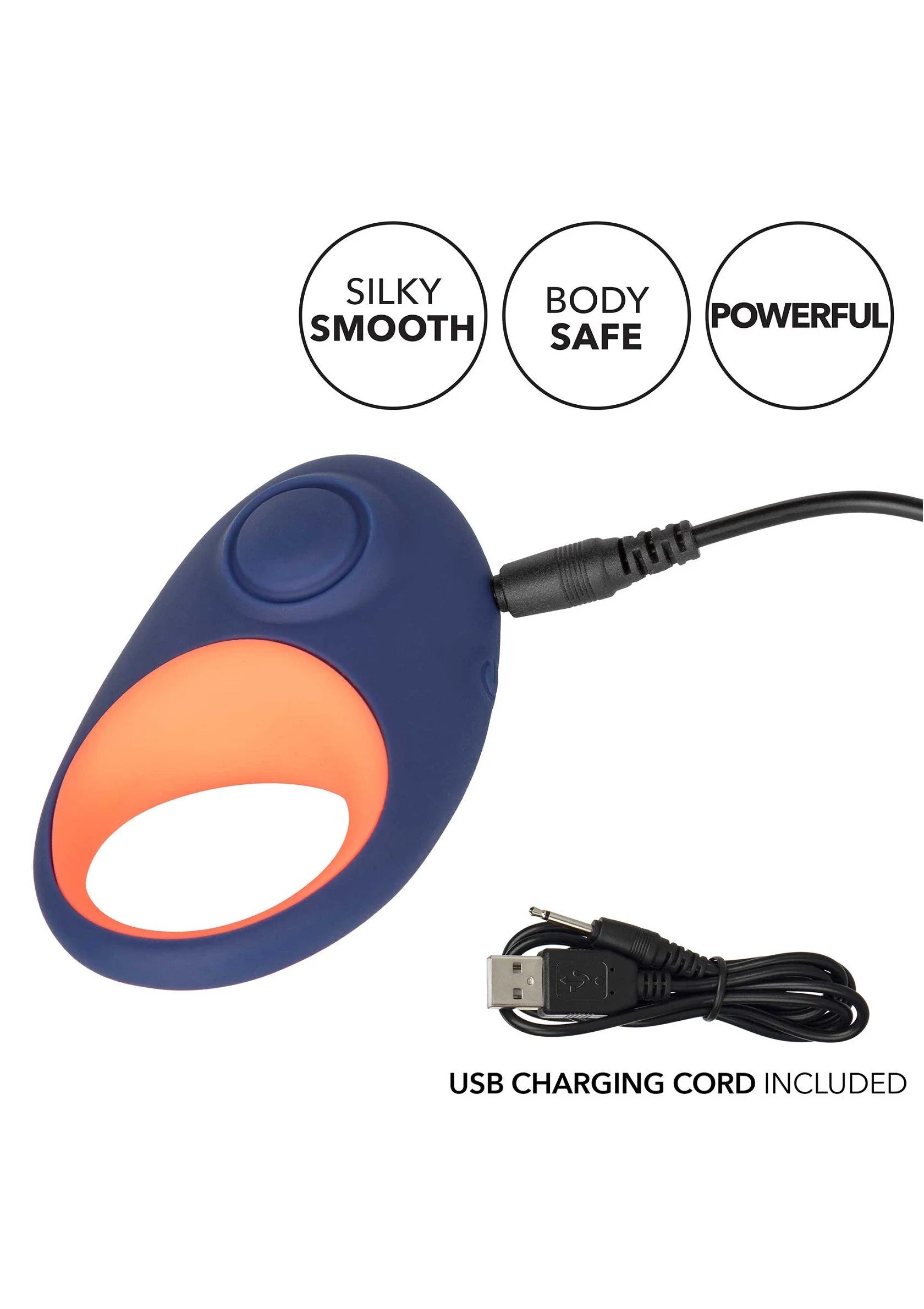 Blauwe vibrator-cockring met oranje binnenring en USB-oplaadkabel inbegrepen