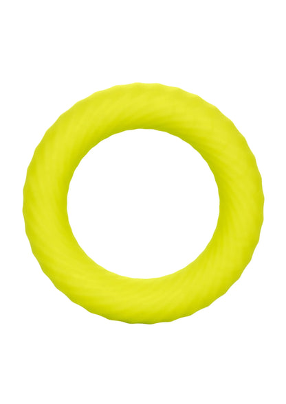 Gele siliconen ring met ronde vorm, open midden en glad oppervlak.