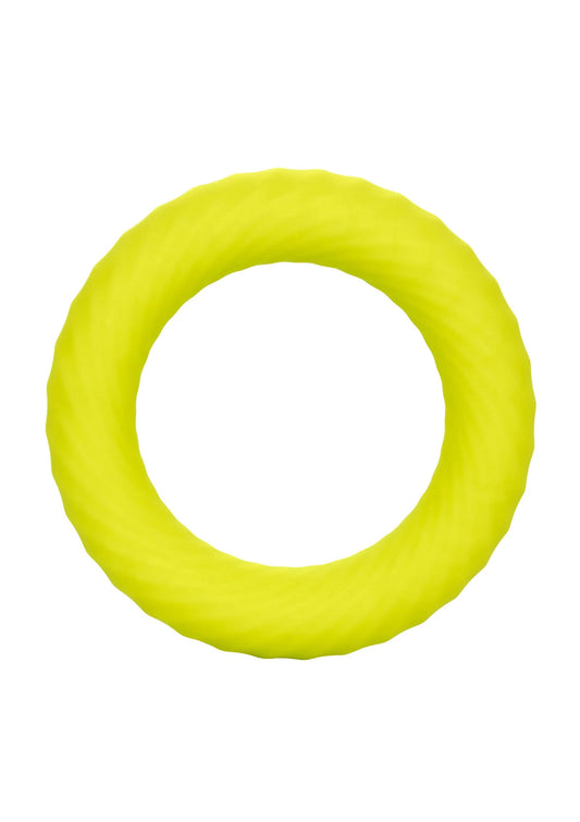 Gele siliconen ring met ronde vorm, open midden en glad oppervlak.