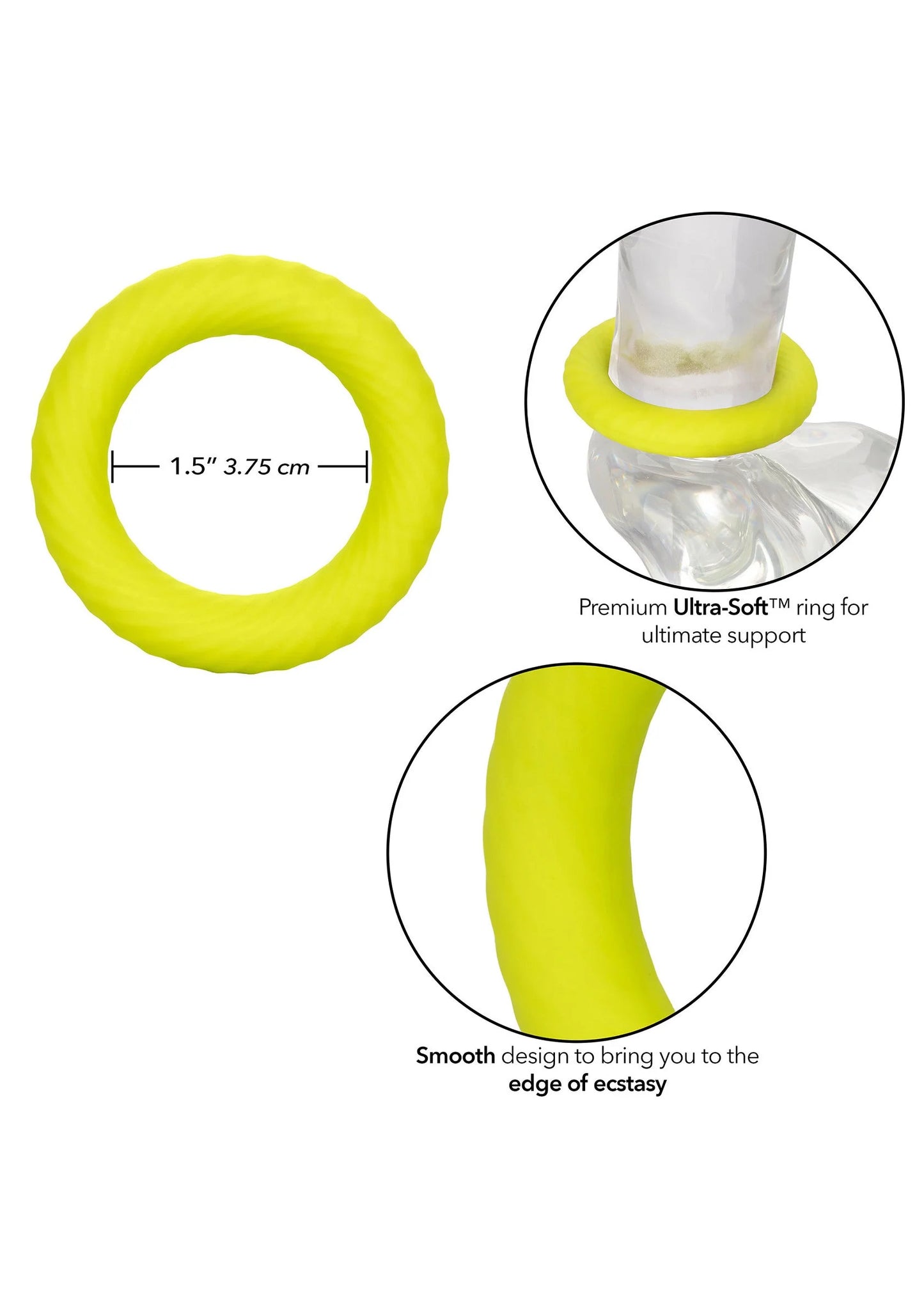 Gele siliconen ring met maatvoering en gladde overgangsrand.