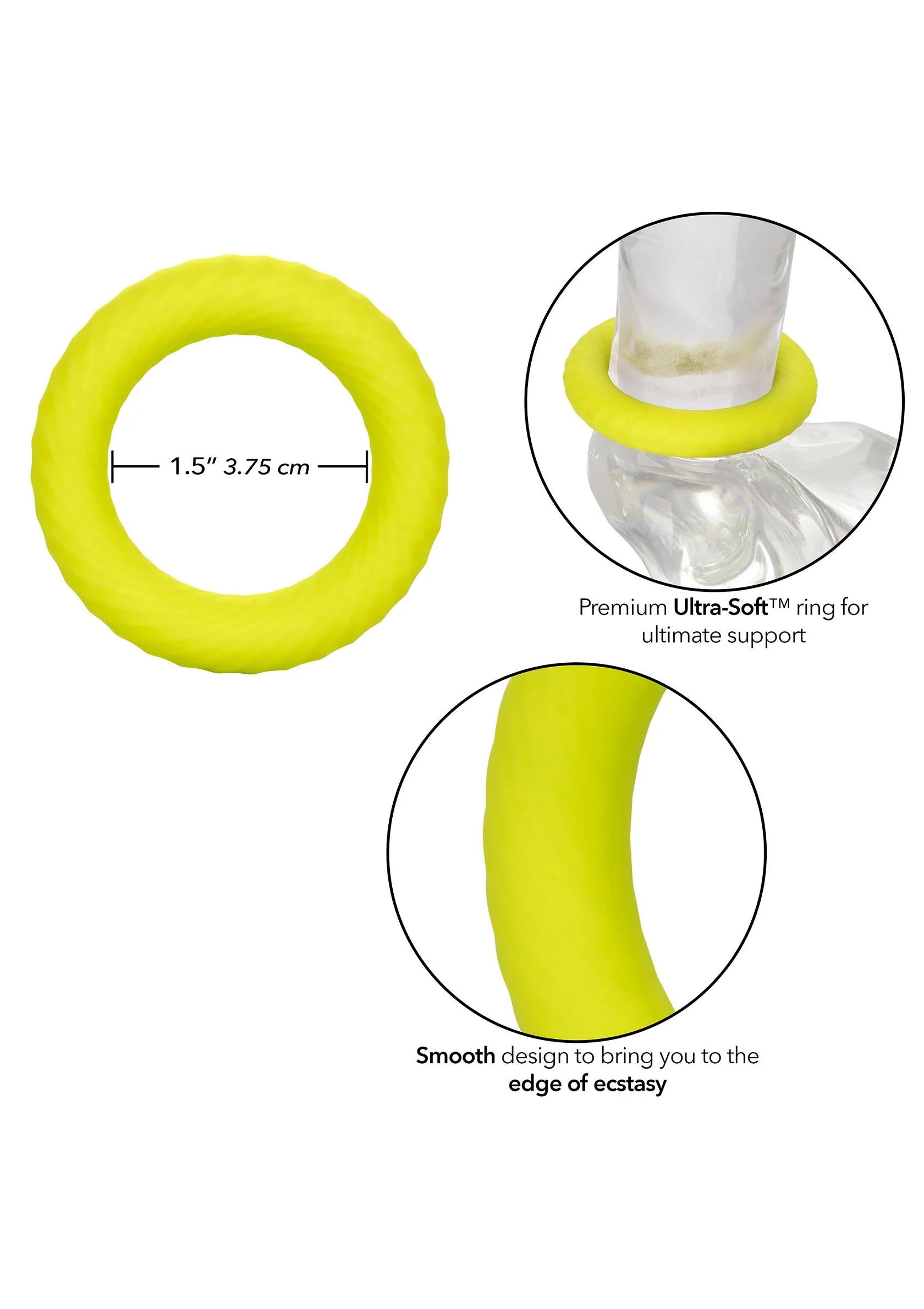 Gele siliconen ring met maatvoering en gladde overgangsrand.