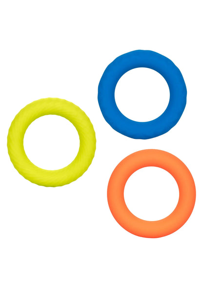Set zachte siliconen cockringen in blauw, limegroen en oranje, drie ringen