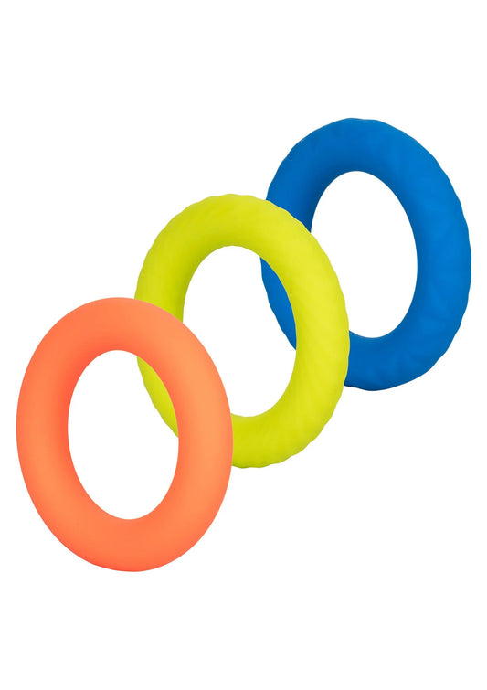 Drie zachte siliconen cockringen in blauw, limegroen en oranje