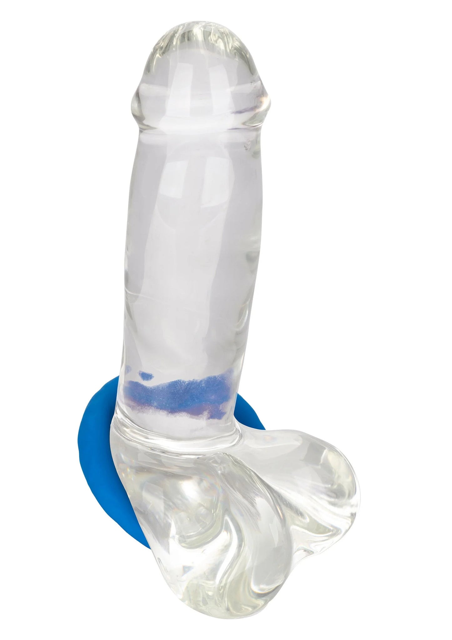 Blauwe zachte siliconen cockring op transparante vorm