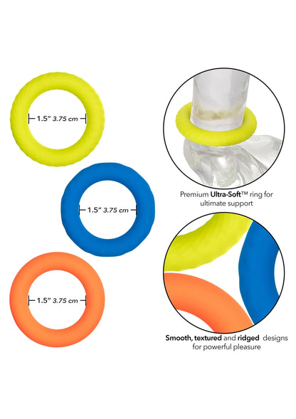 3 zachte siliconen cockringen in neonkleuren, met maatlabels 1,5–3,75 cm