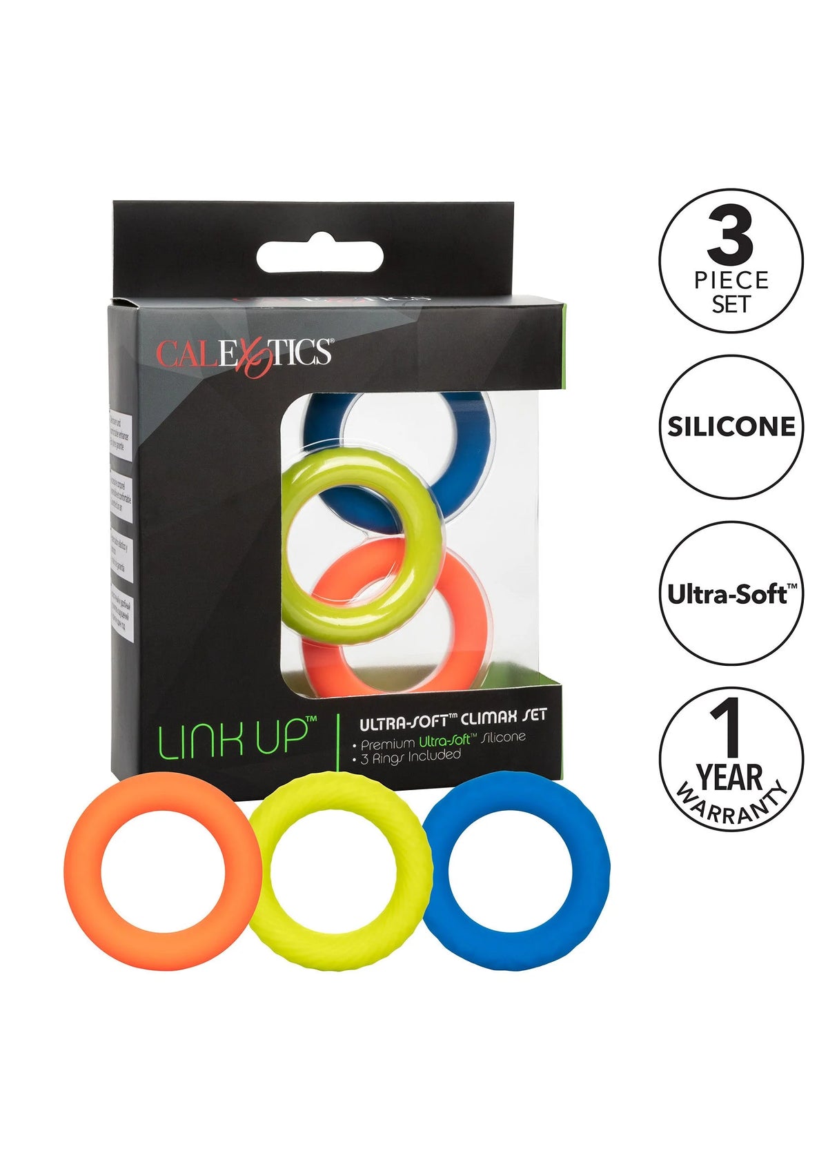 Doos met 3-delige siliconen cockring-set in oranje, limegroen en blauw