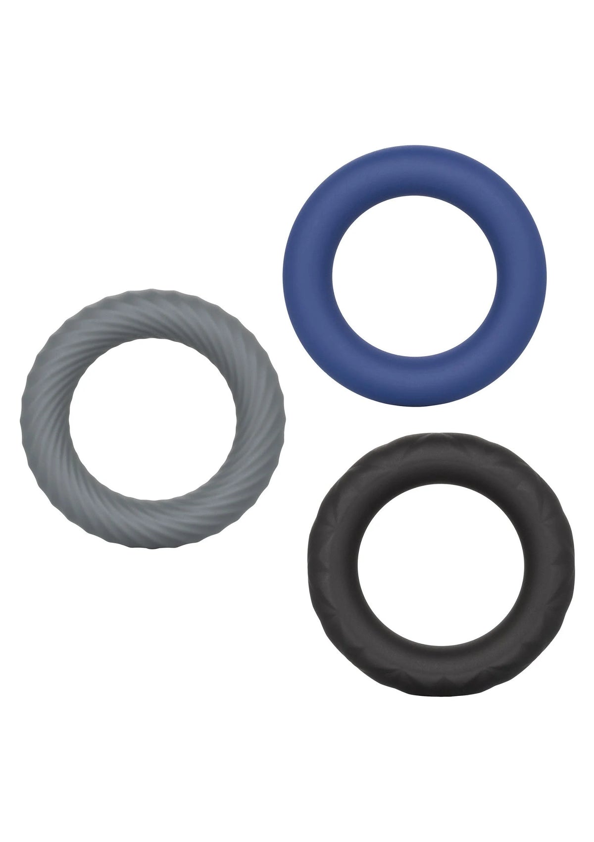 Cockring-set met drie ringen: donkerblauw, grijs en zwart, ronde vorm.