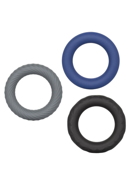 Cockring-set met drie ringen: donkerblauw, grijs en zwart, ronde vorm.