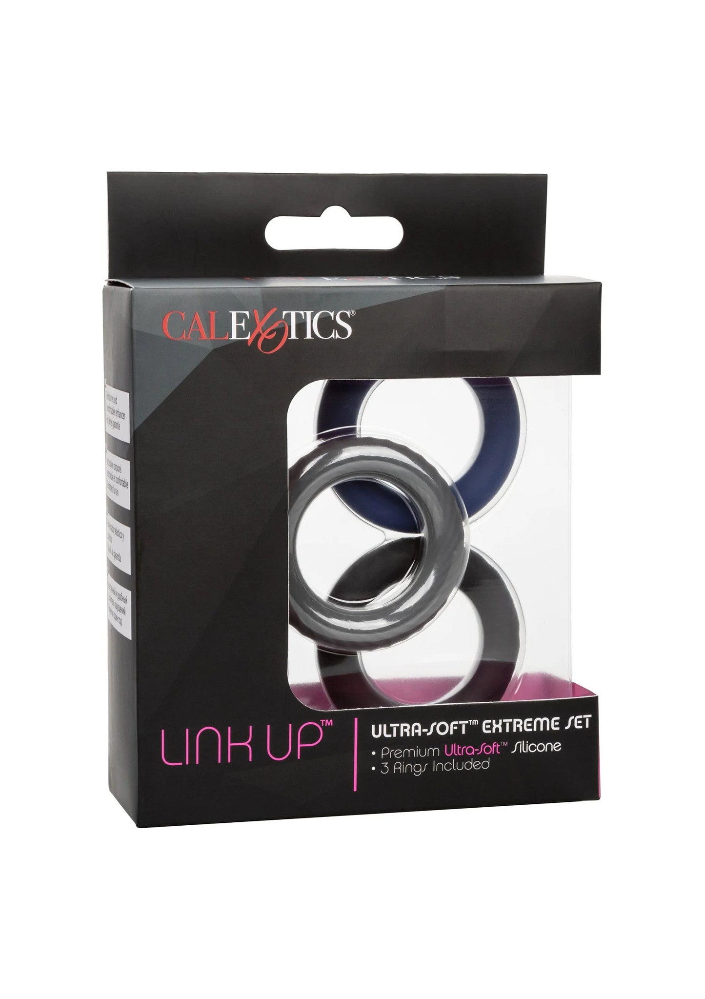 CalExotics cockring-set in verpakking, met drie ringen in grijs, blauw en zwart.