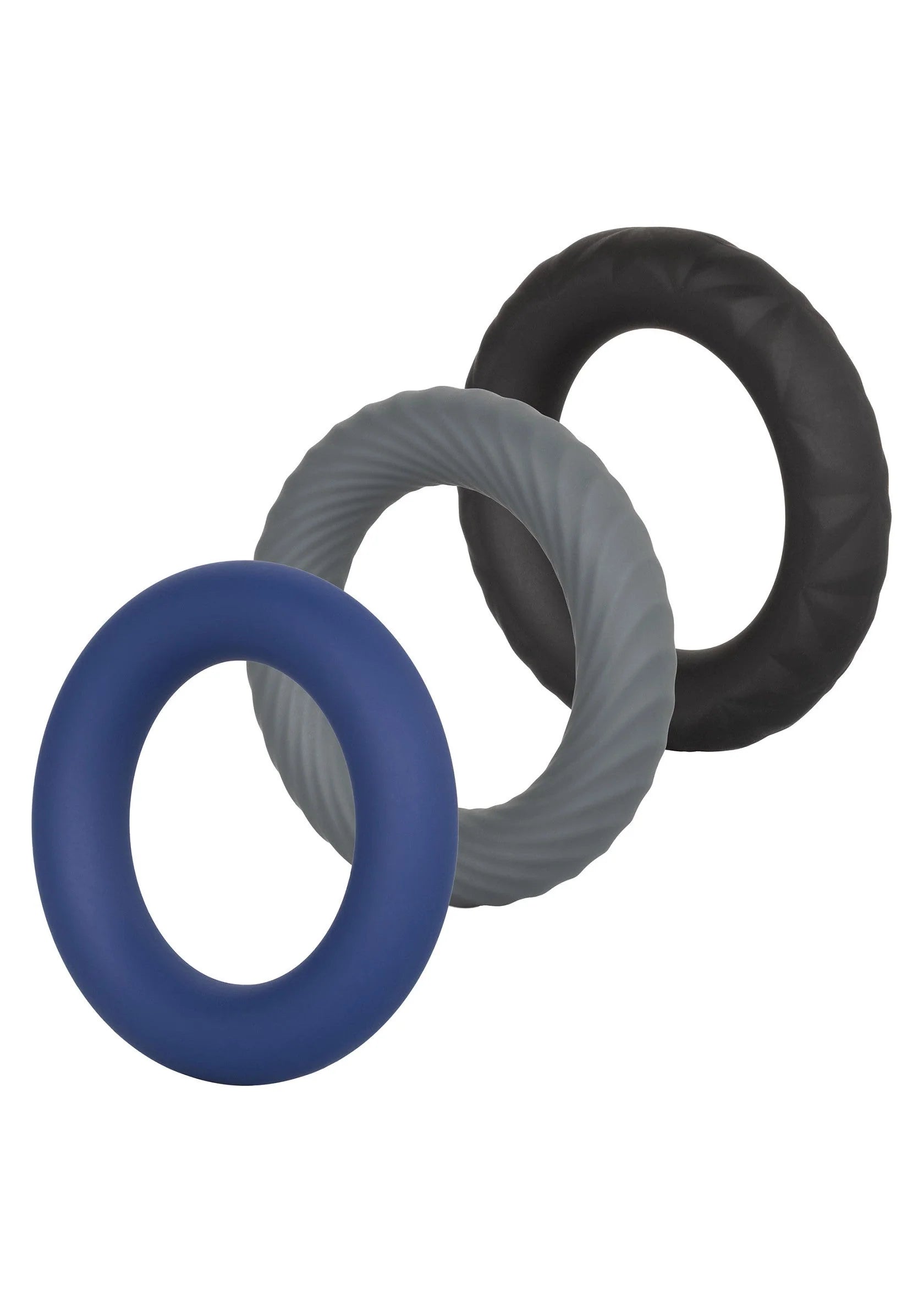 Cockring-set met drie ronde ringen in donkerblauw, grijs en zwart, gestapeld.