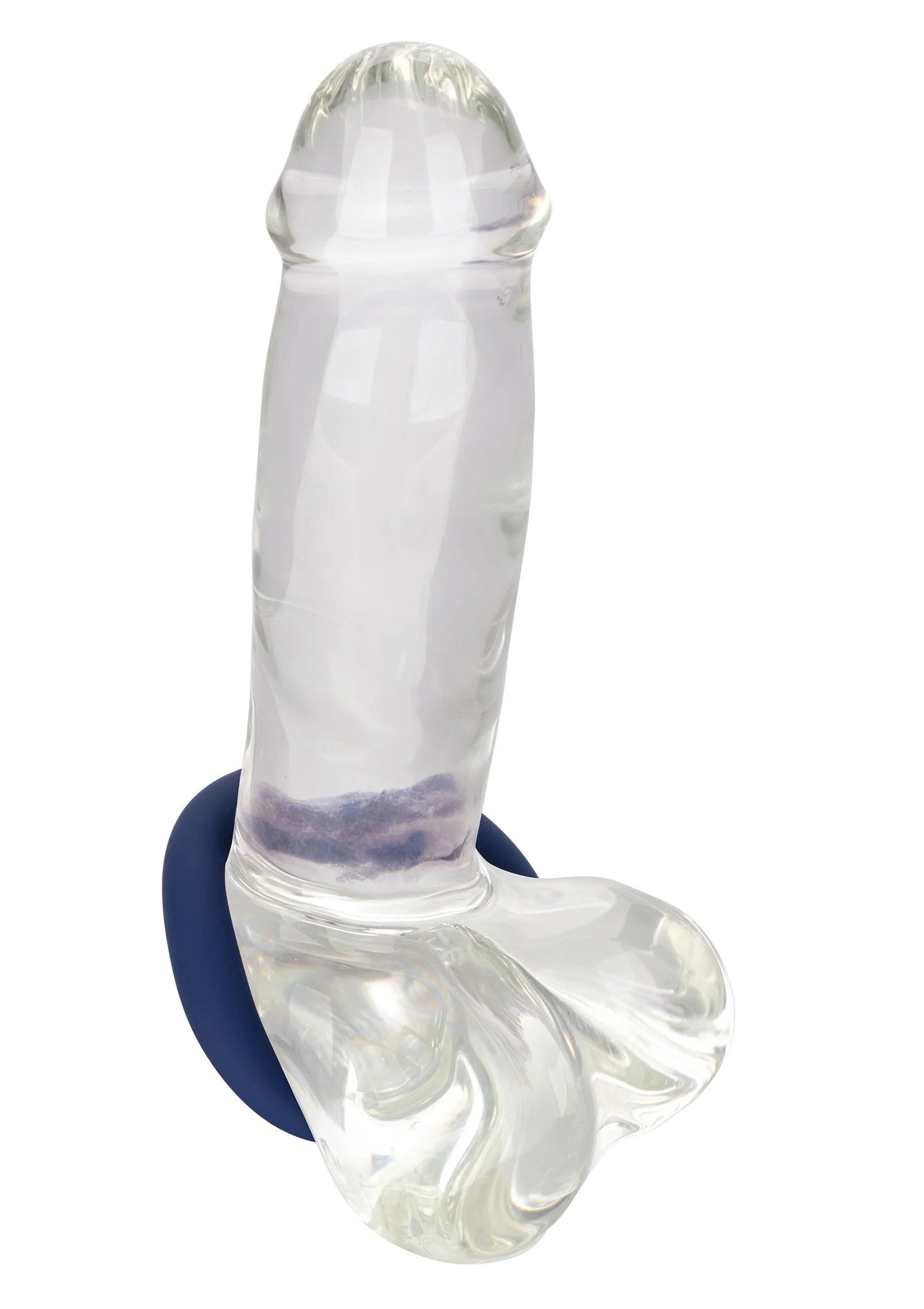 Doorzichtige glijhuls met donkerblauwe cockring rondom de basis.