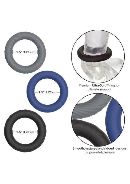 Cockring-set met drie ringen (grijs, donkerblauw, zwart) met weergave van afmetingen.