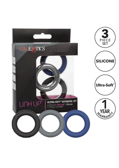 CalExotics verpakking met cockring-set van 3 stuks: zwart, grijs en donkerblauw.