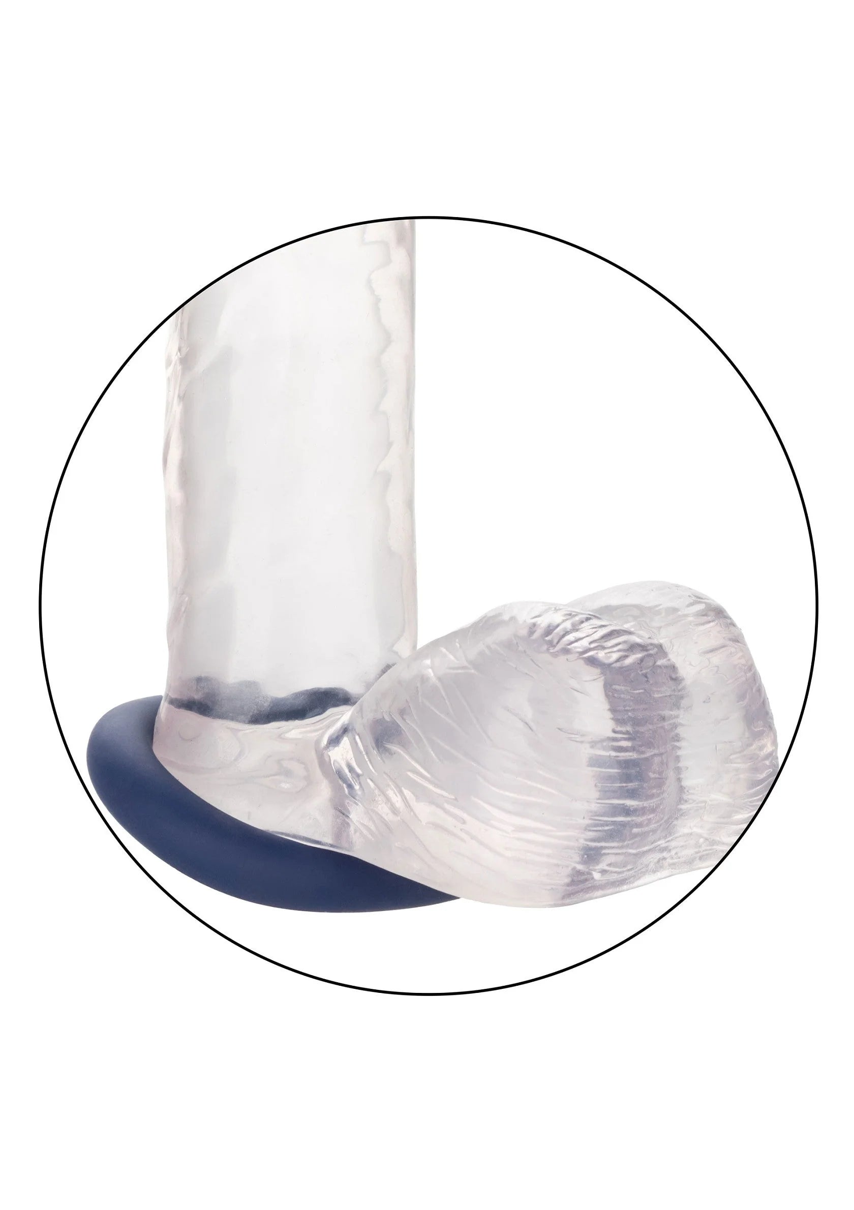 Blauwe cockring met gebogen siliconen band, detail met witte ondergrond