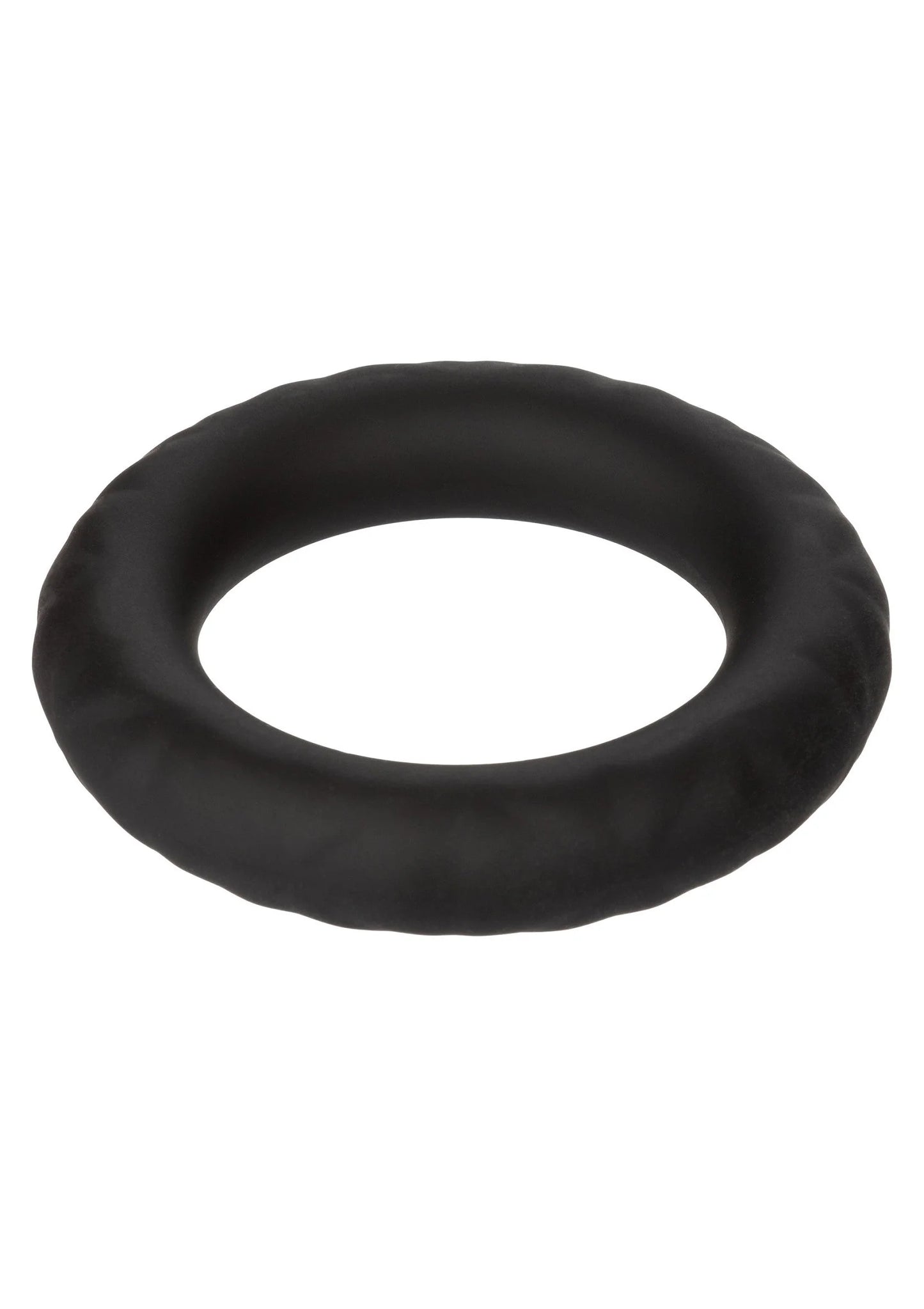 Zwarte, zachte cockring met afgeronde vorm en open midden.