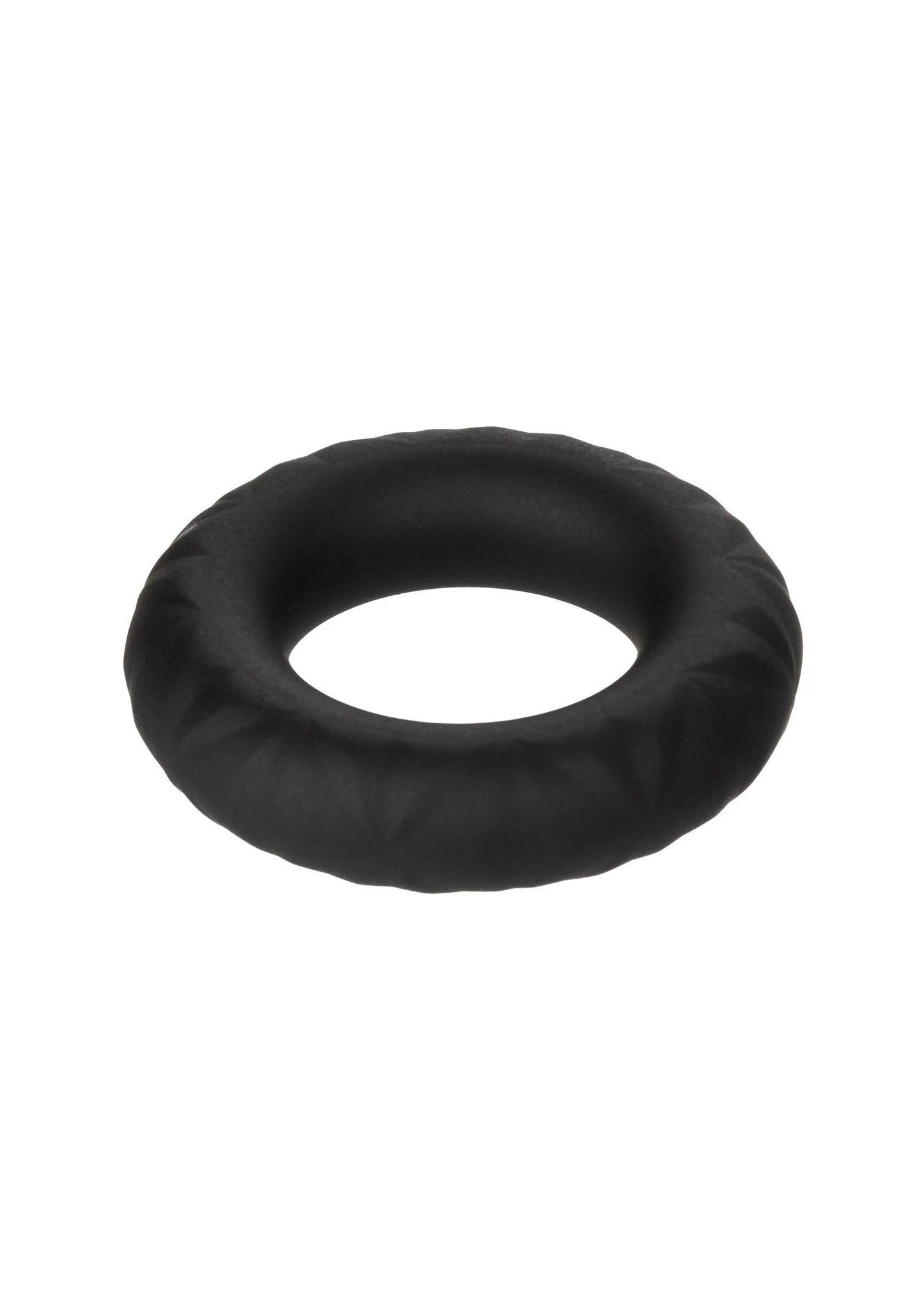 Zwarte, zachte cockring met open midden en glad ogende buitenkant.