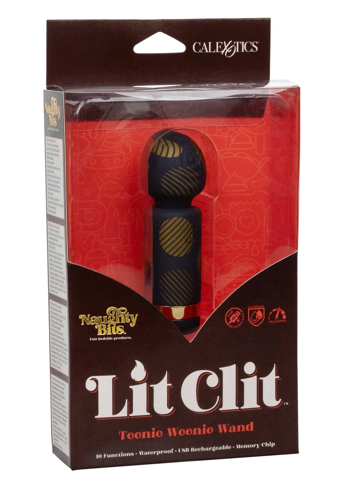 Vibrerende wand in verpakking, zwart met goudkleurig streepdesign, CalExotics Lit Clit