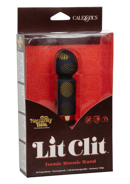 Vibrerende wand in verpakking, zwart met goudkleurig streepdesign, CalExotics Lit Clit