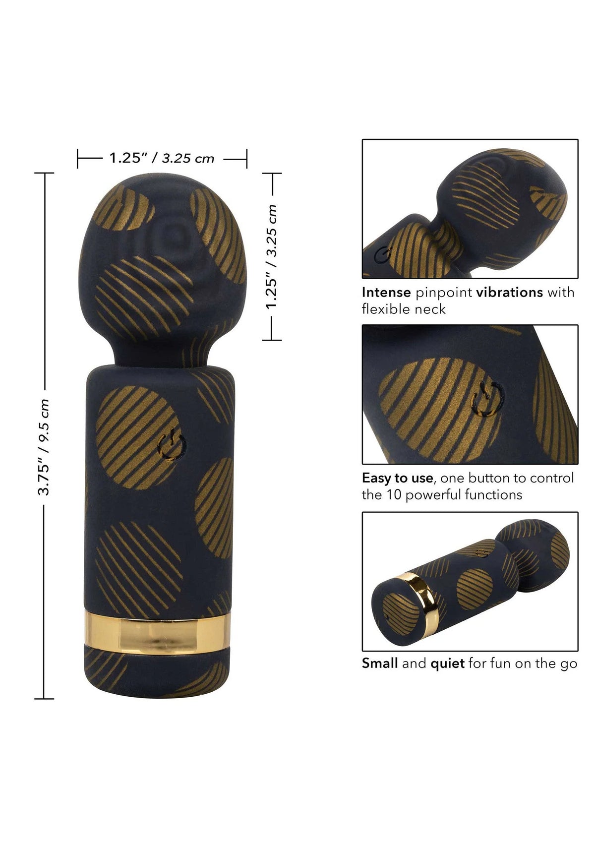Compacte vibrerende wand met ronde koppen, zwart met goudkleurige streepjes en knop