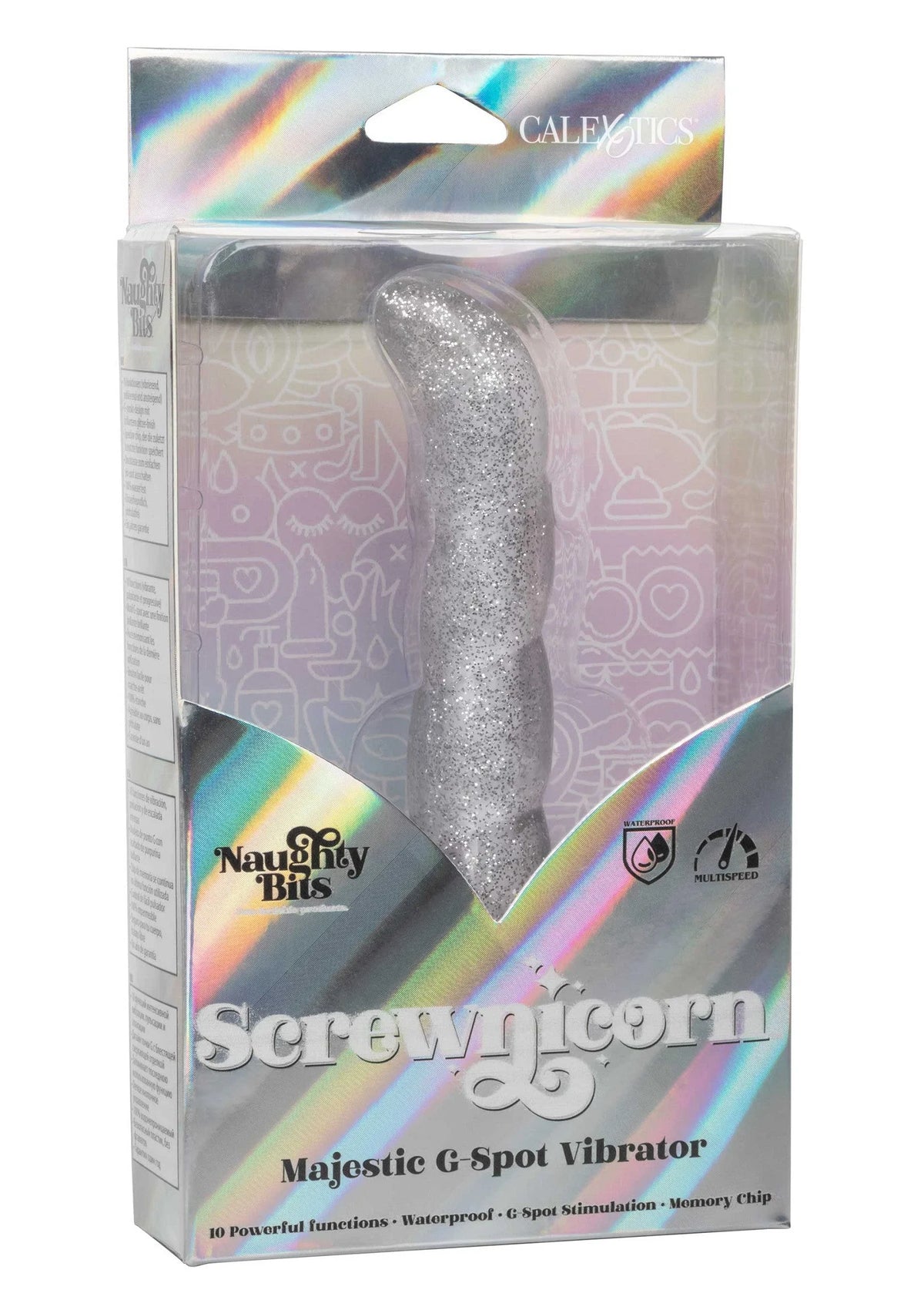 Screwnicorn g-spot vibratortje in zilverkleurige glitterlook met verpakking