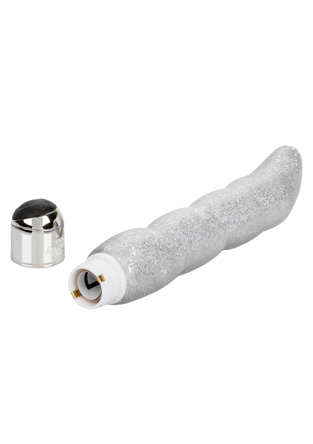 Zilveren glitter g-spot vibrator zijaanzicht met open ronde kop en basis
