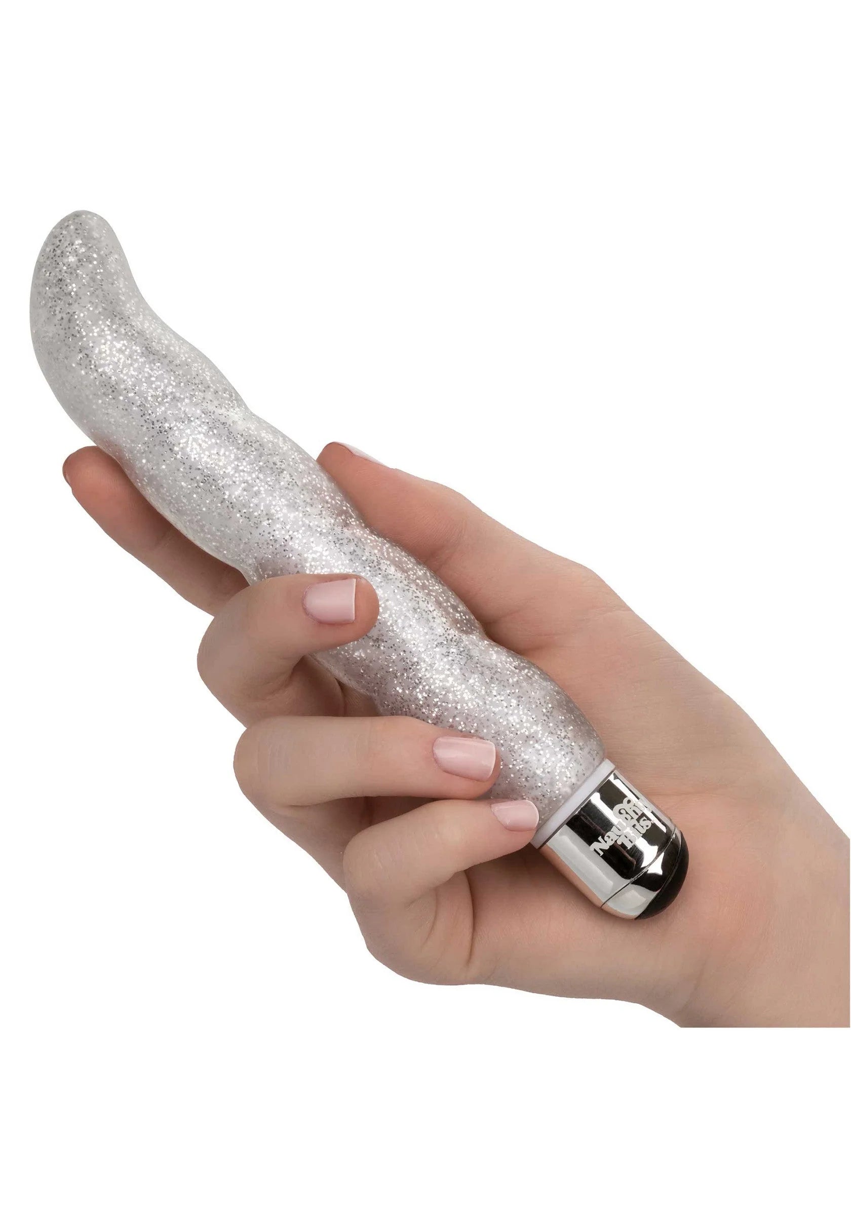 Zilveren glitter g-spot vibratortje in hand, met zichtbare onderkant