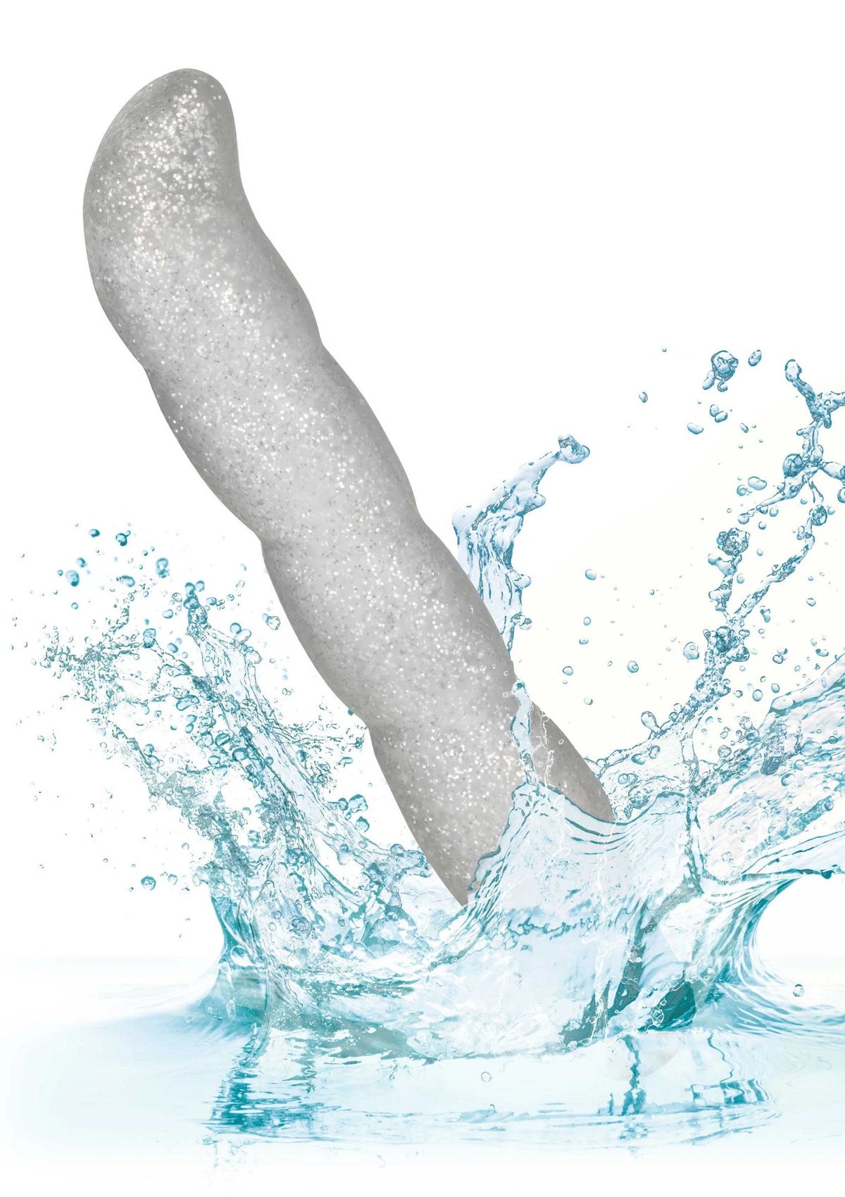 Zilveren glitter g-spot vibratortje met water spatten rond het toestel