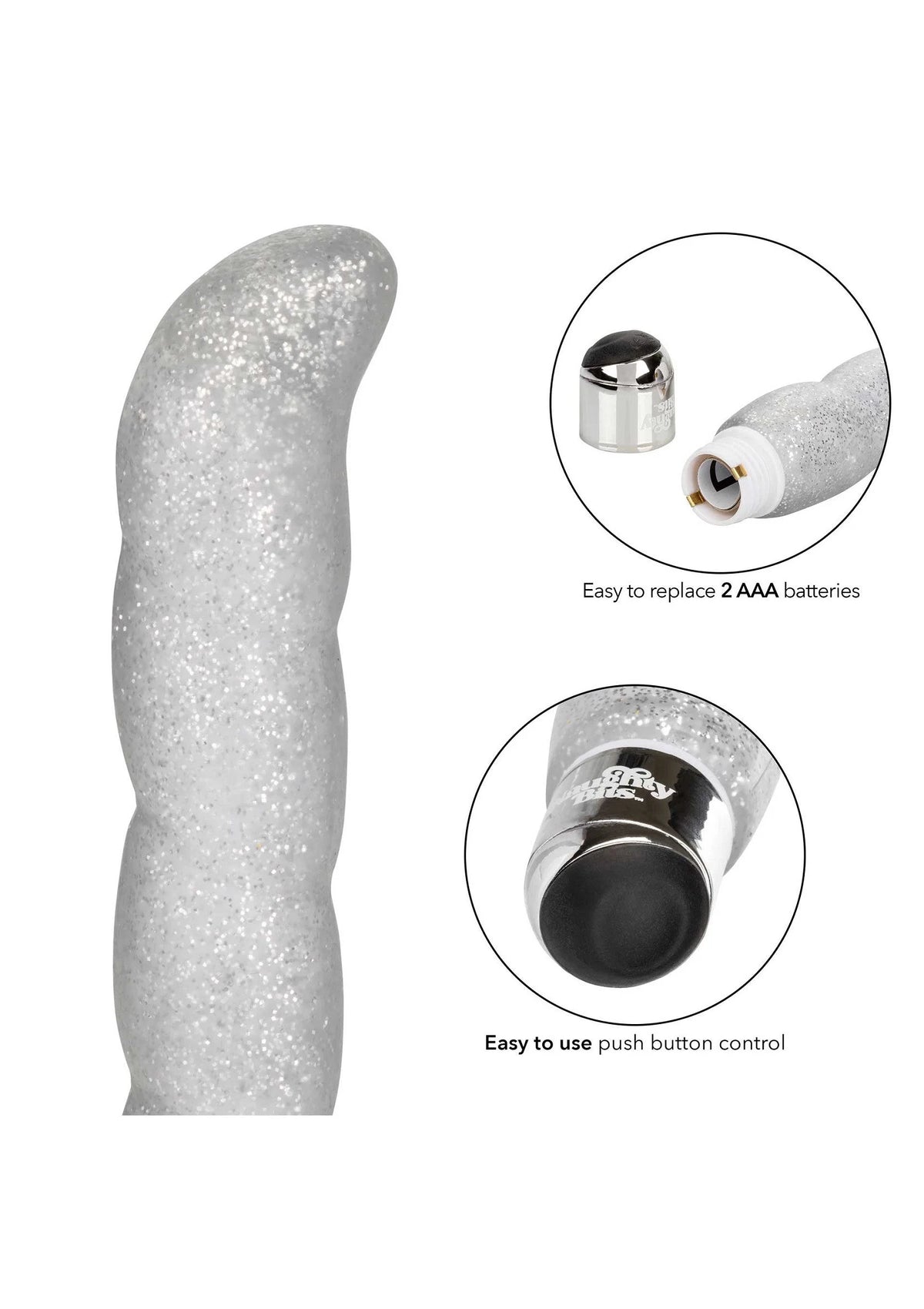 Zilveren glitter g-spot vibratortje met close-up van drukknop en onderkant