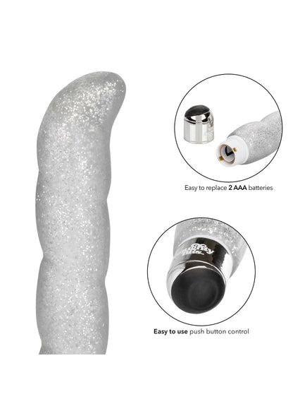 Zilveren glitter g-spot vibratortje met close-up van drukknop en onderkant