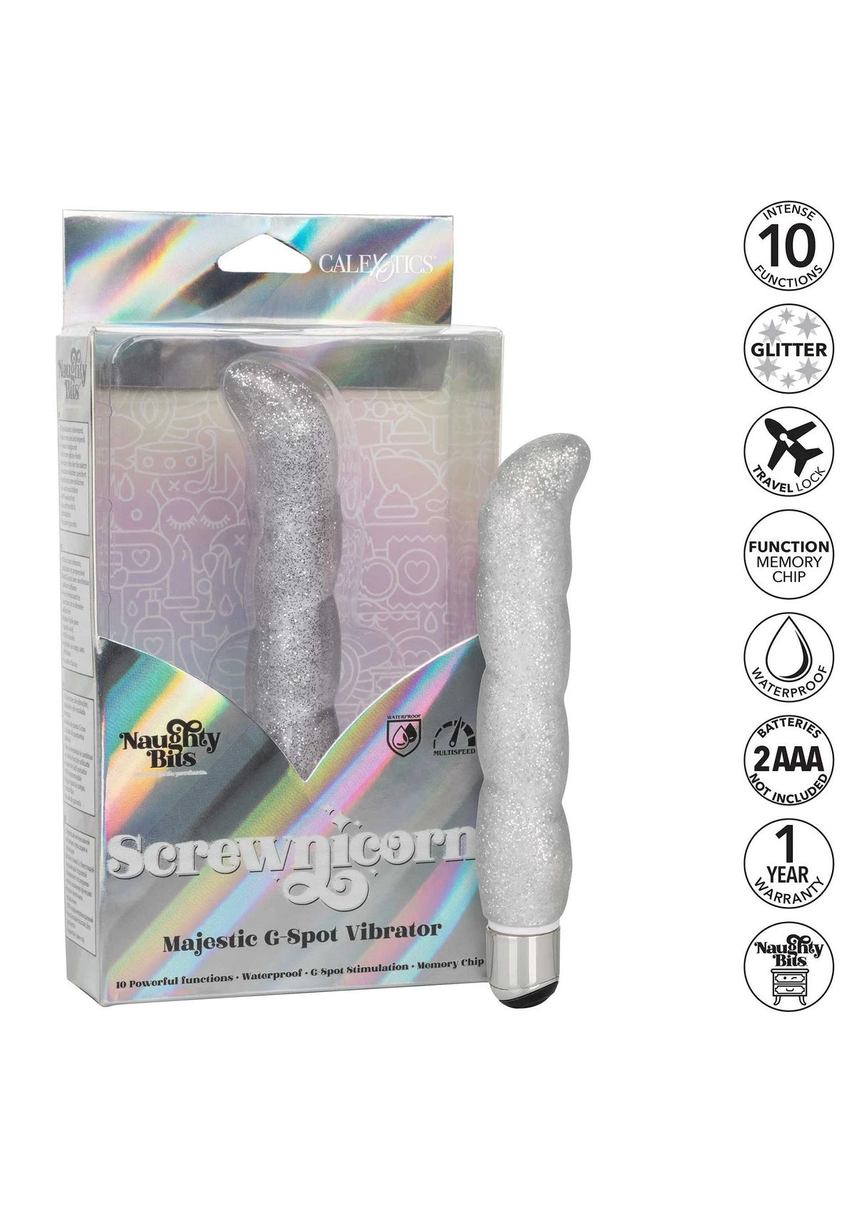 Screwnicorn g-spot vibratortje met zilveren glitter en zichtbaar basisuiteinde