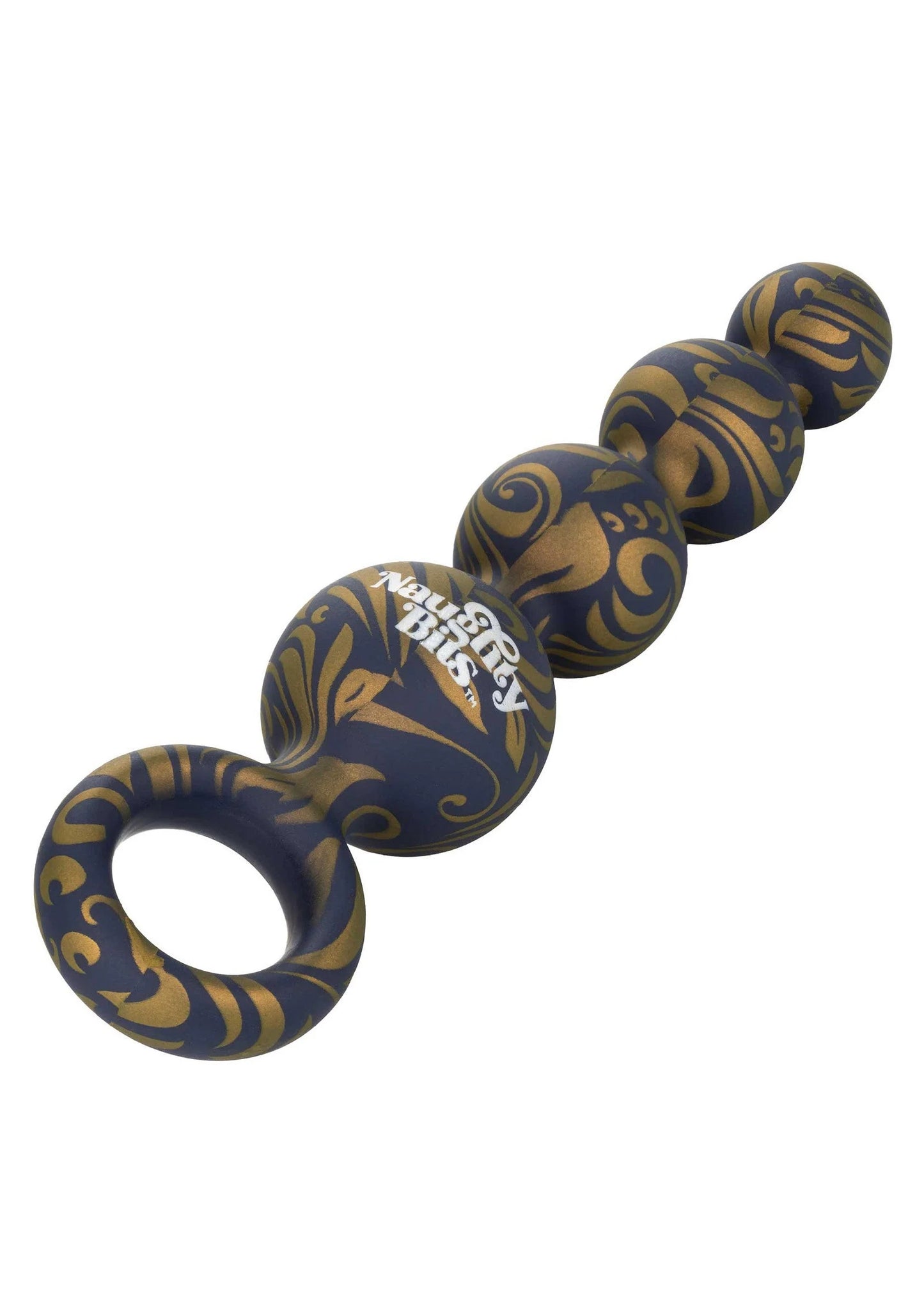 Siliconen butt balls met zwart-goud patroon en retrieval ring, close-up