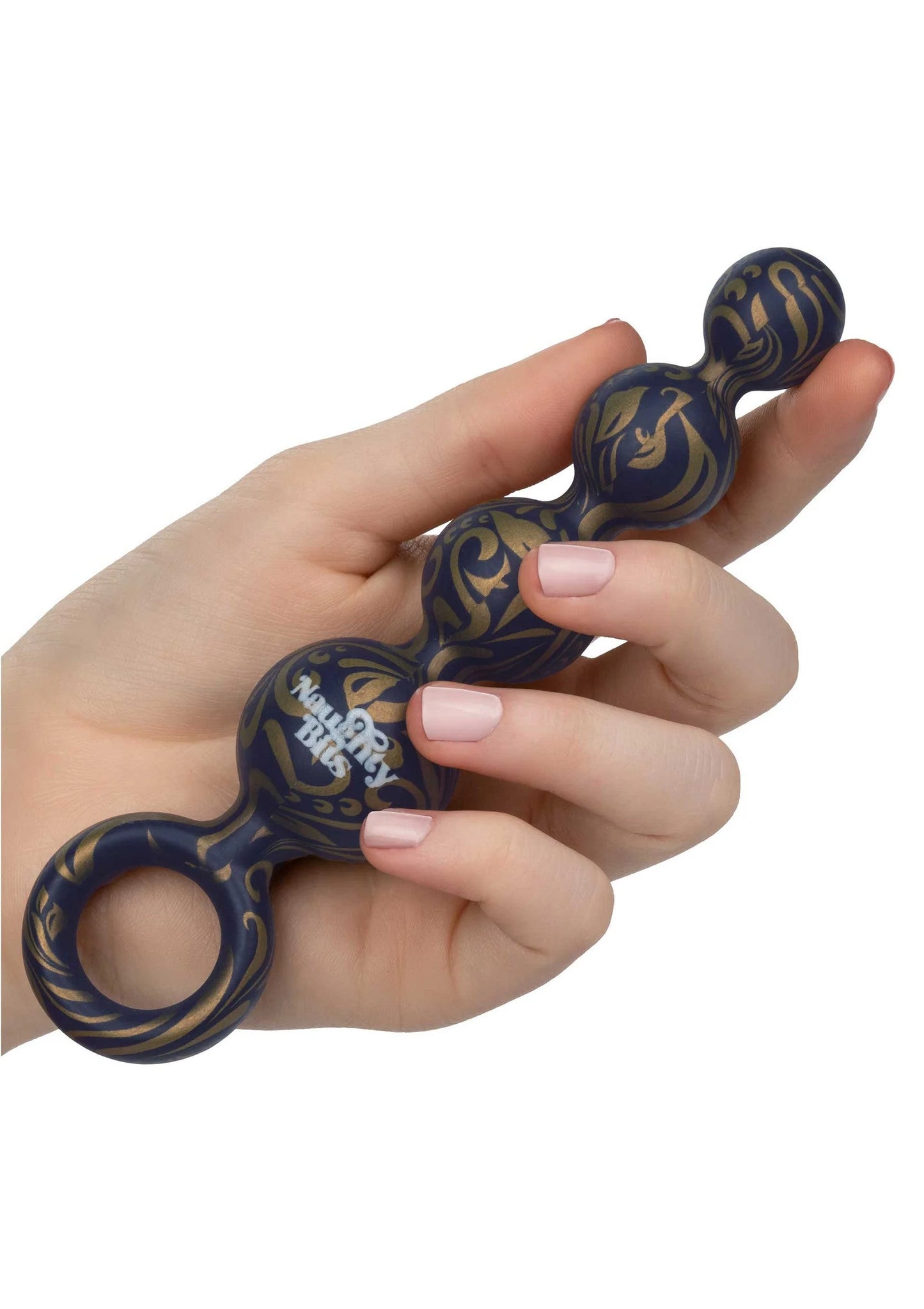 Siliconen butt beads blauw-goud swirlpatroon, terughaalring vast tussen vingers