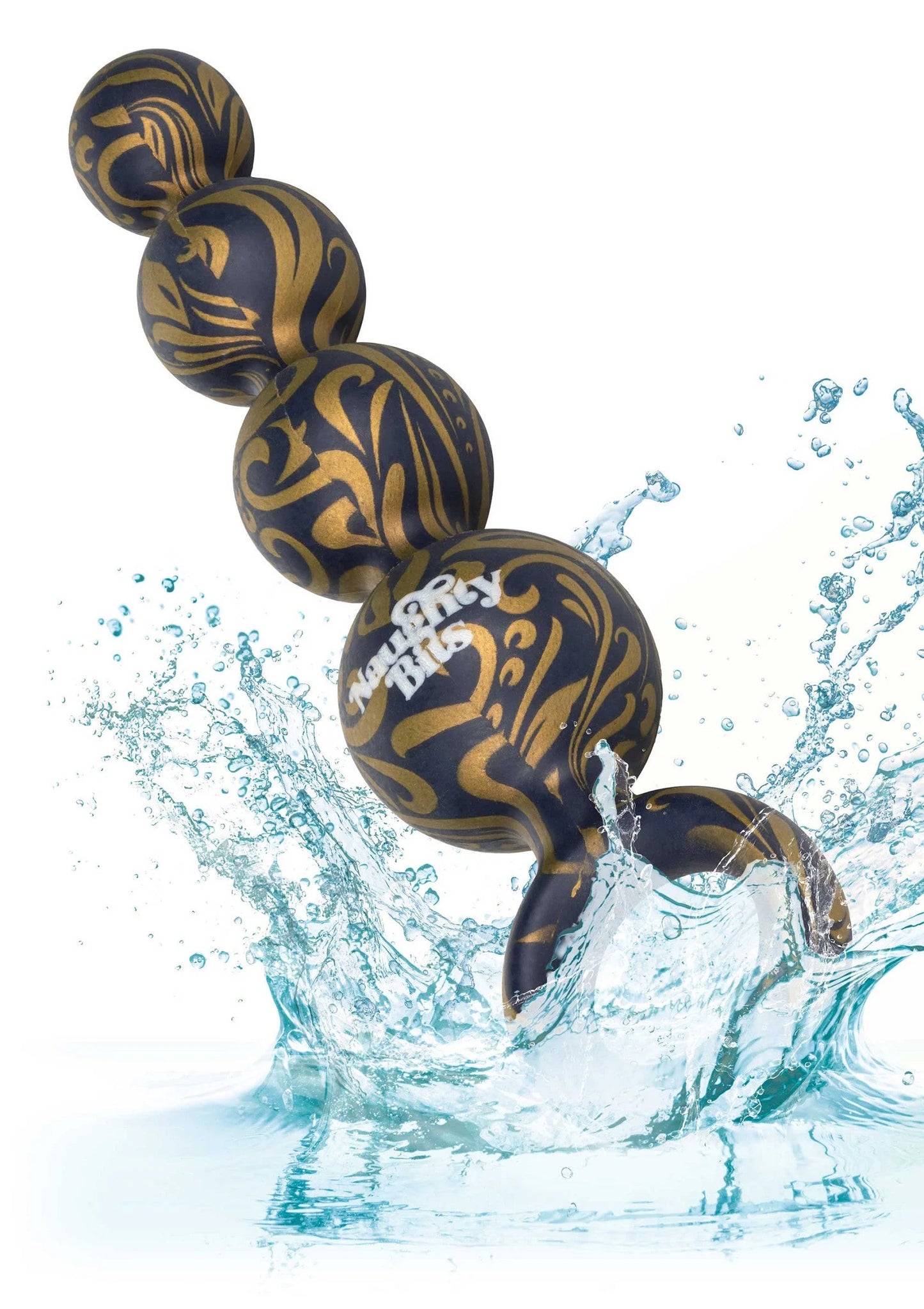 Siliconen butt balls met zwart-goud patroon in water, met retrieval ring