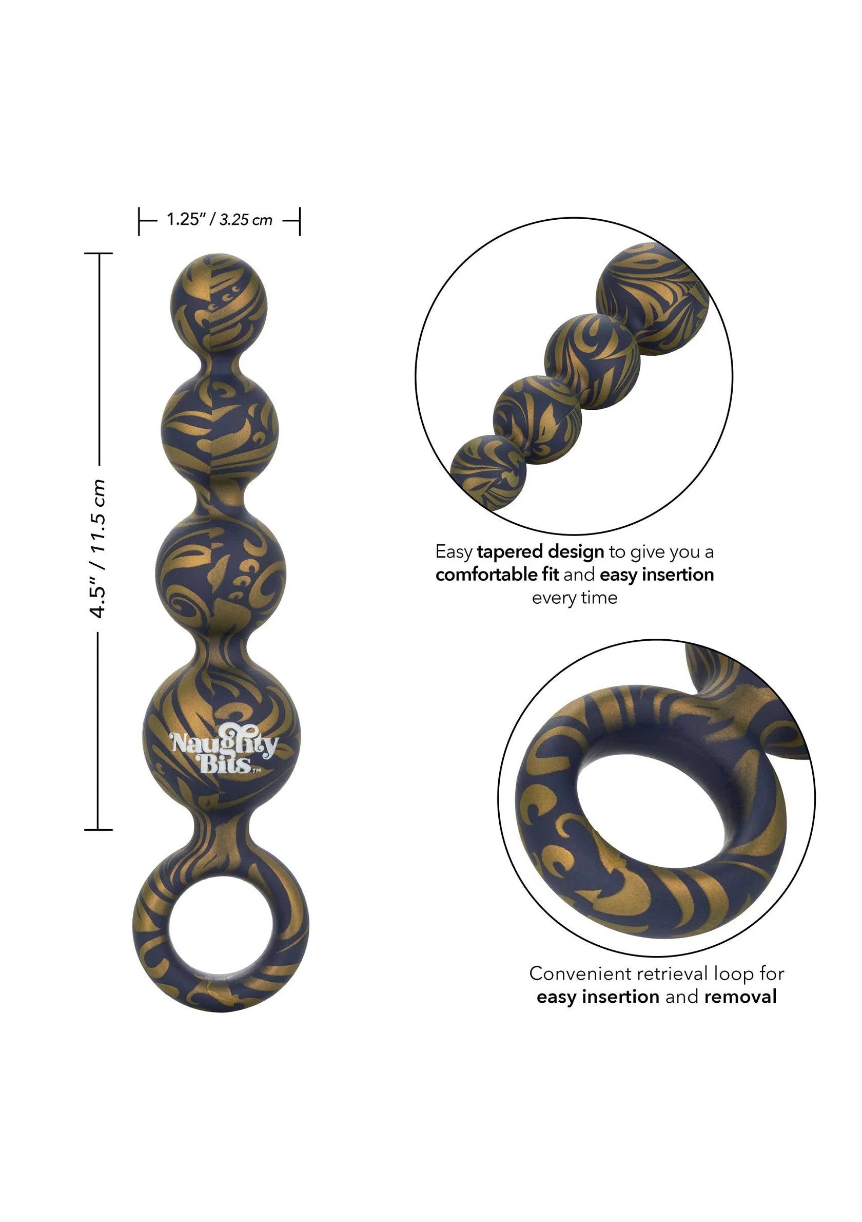 Siliconen butt balls met zwart-goud swirly patroon en retrieval ring
