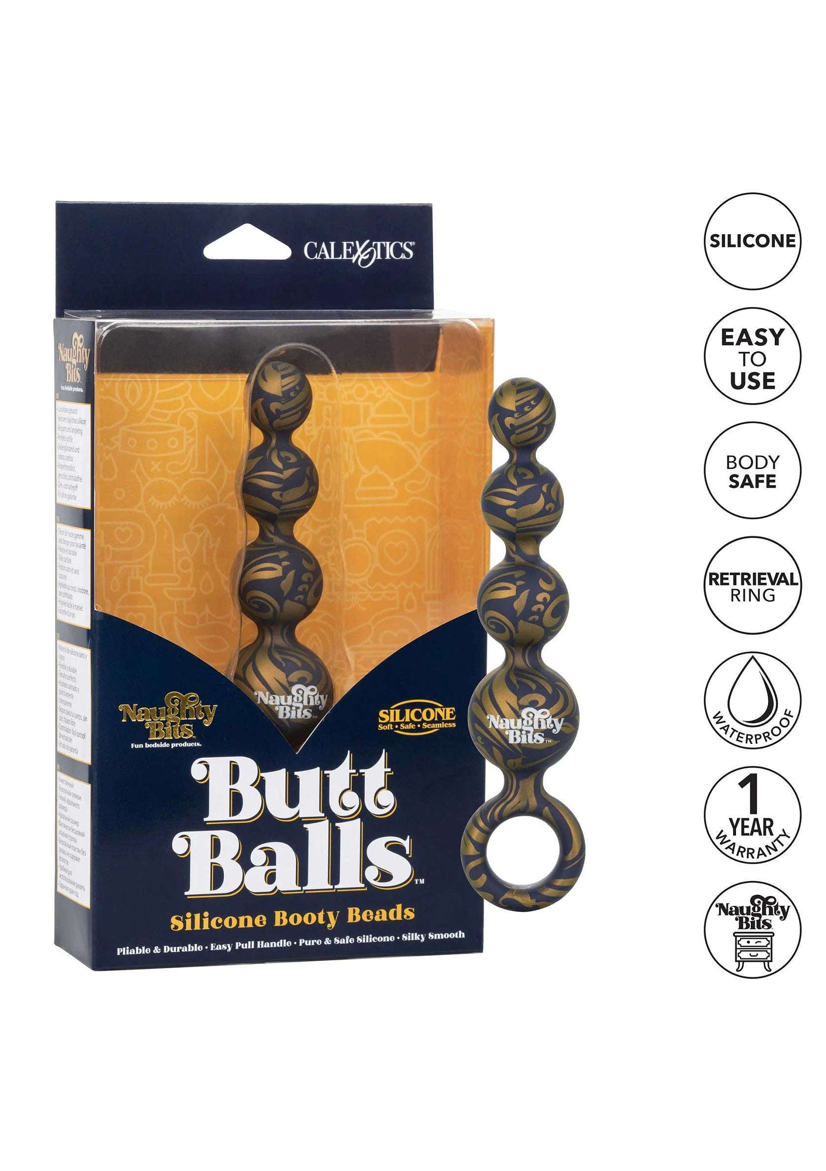 CalExotics siliconen booty beads met retrieval ring en zwart-goud patroon