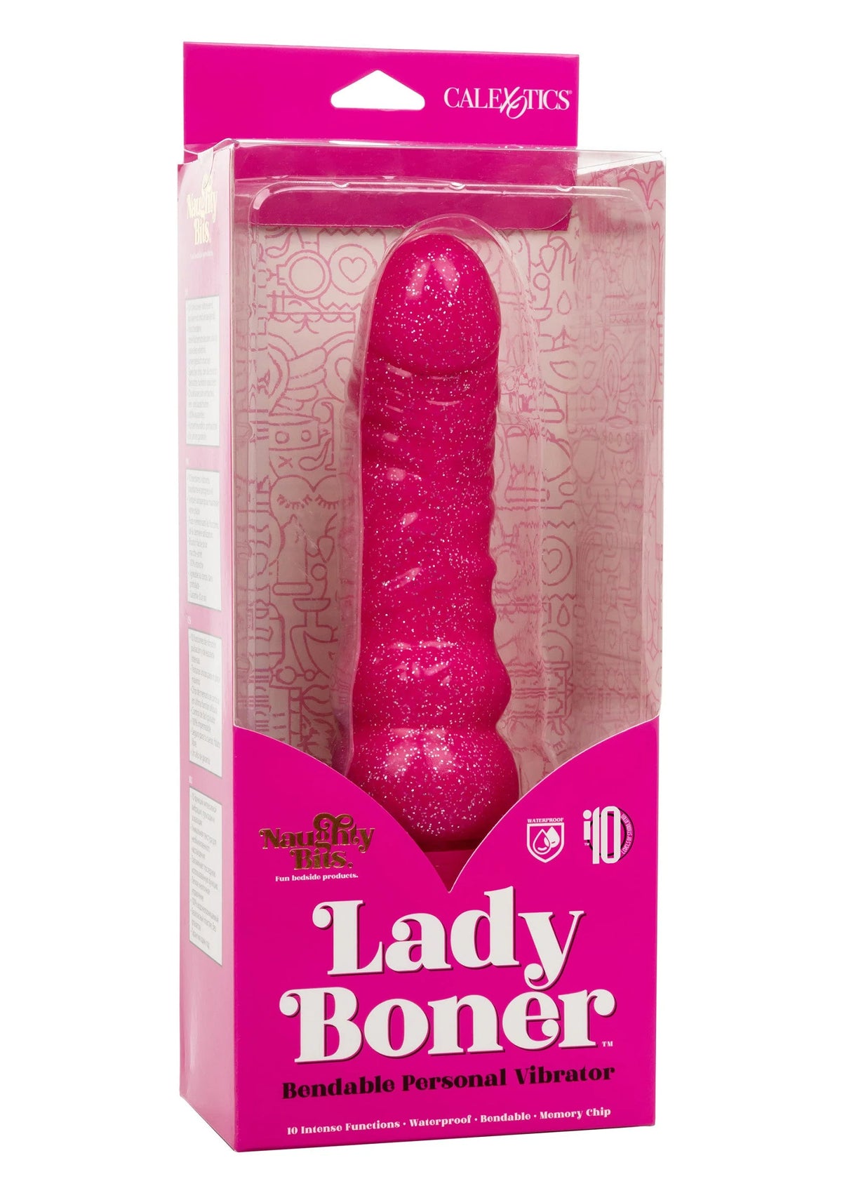 Doos van CalExotics Lady Boner bendbare persoonlijke vibrator, roze glitter uitvoering
