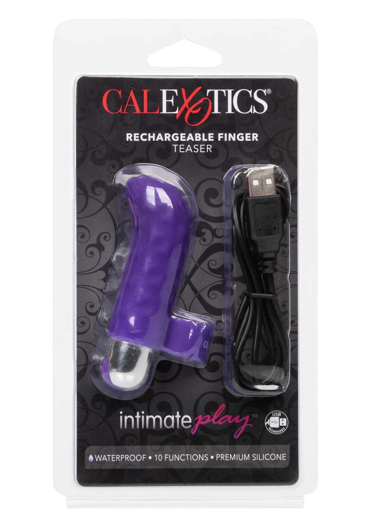 CalExotics oplaadbare vingerteaser in verpakking: paarse silicone en zwarte oplader