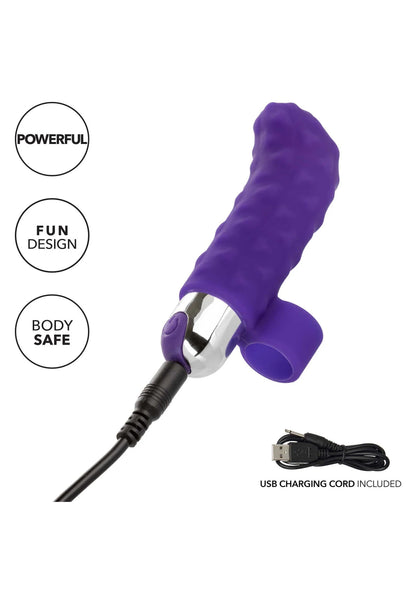 Paars siliconen vingervibrator met metalen punt en meegeleverde USB-oplaadkabel