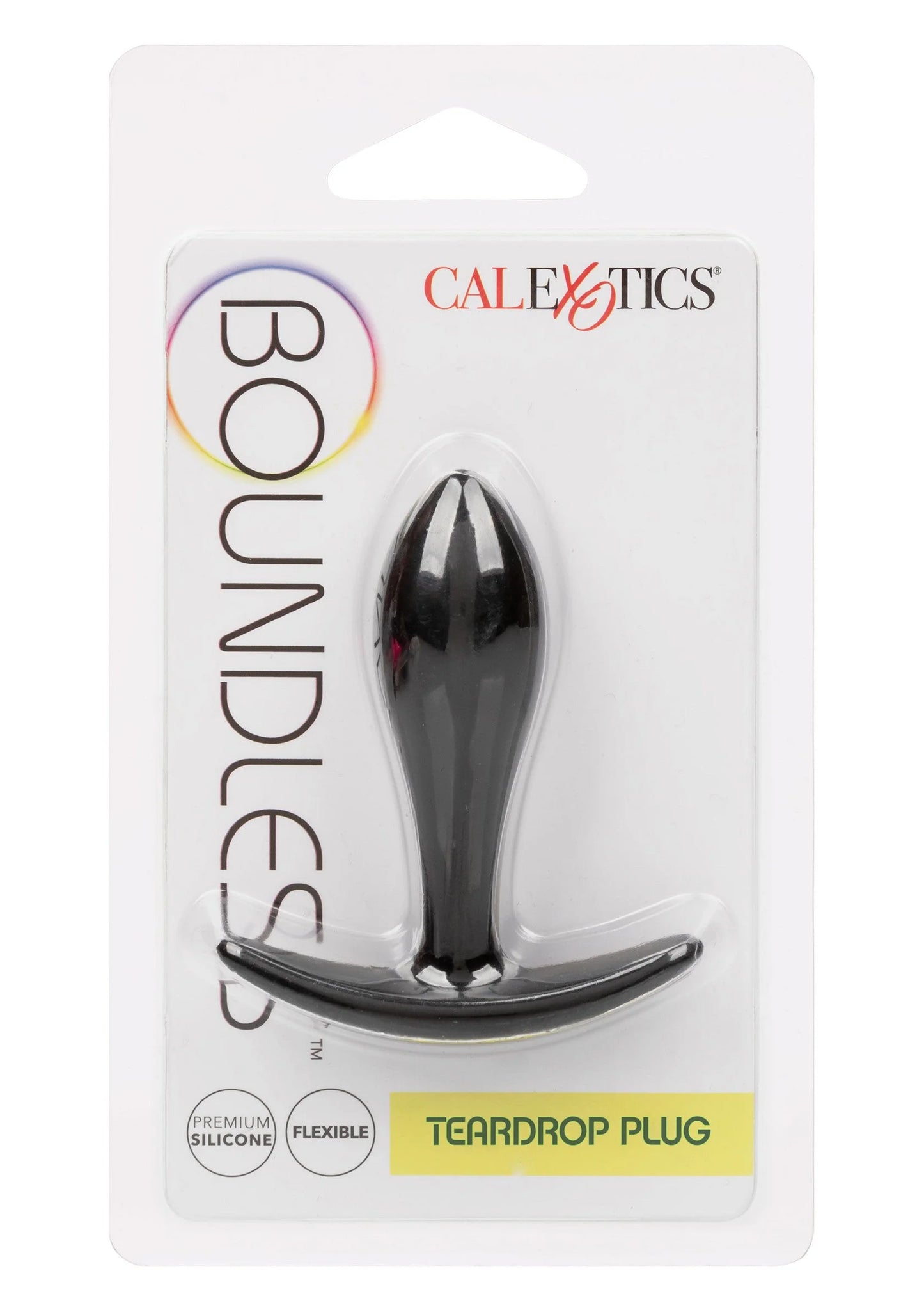 CalExotics teardrop plug in verpakking: zwarte conische anale plug met flens.