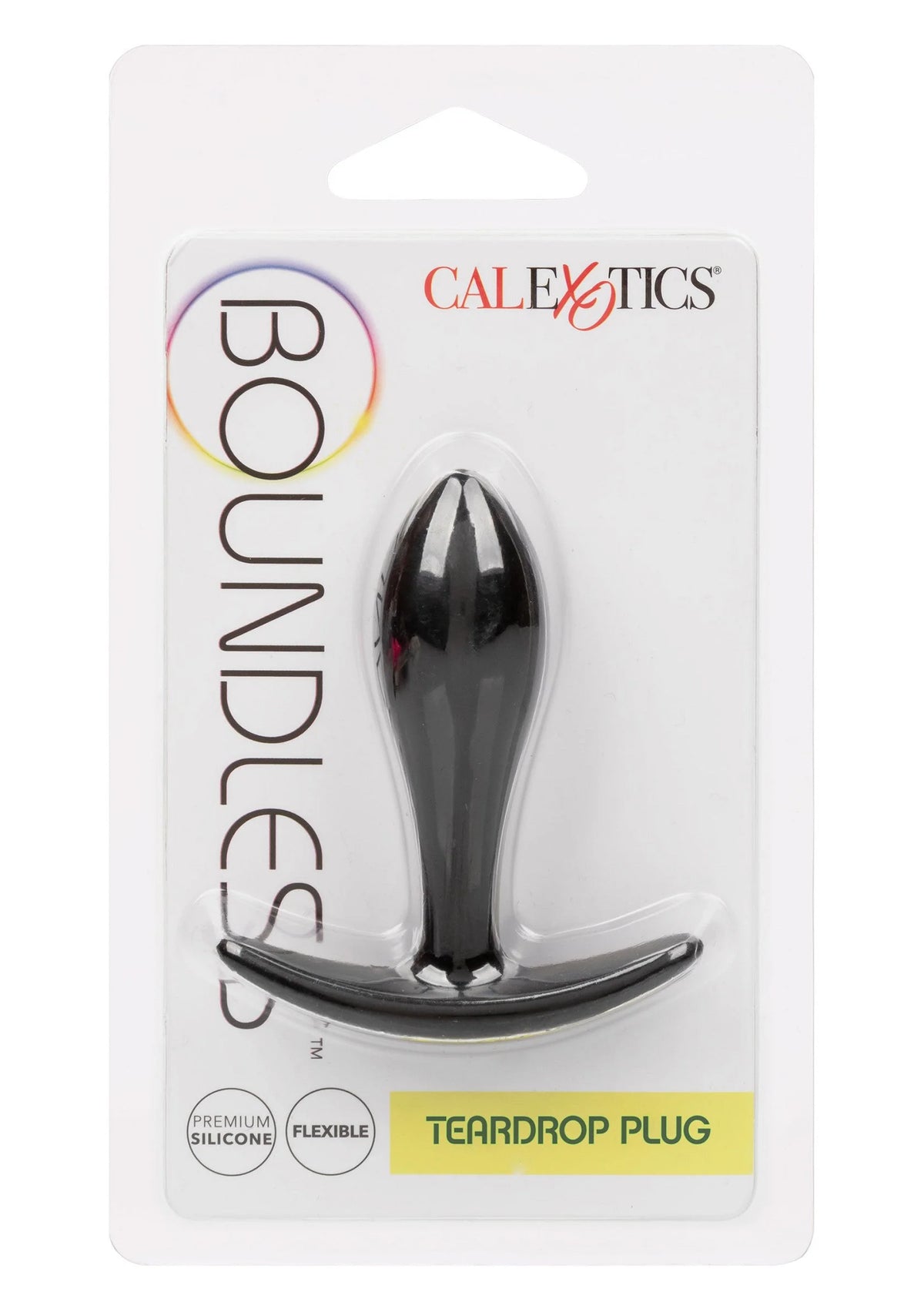 CalExotics teardrop plug in verpakking: zwarte conische anale plug met flens.