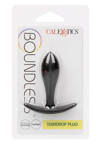 CalExotics teardrop plug in verpakking: zwarte conische anale plug met flens.