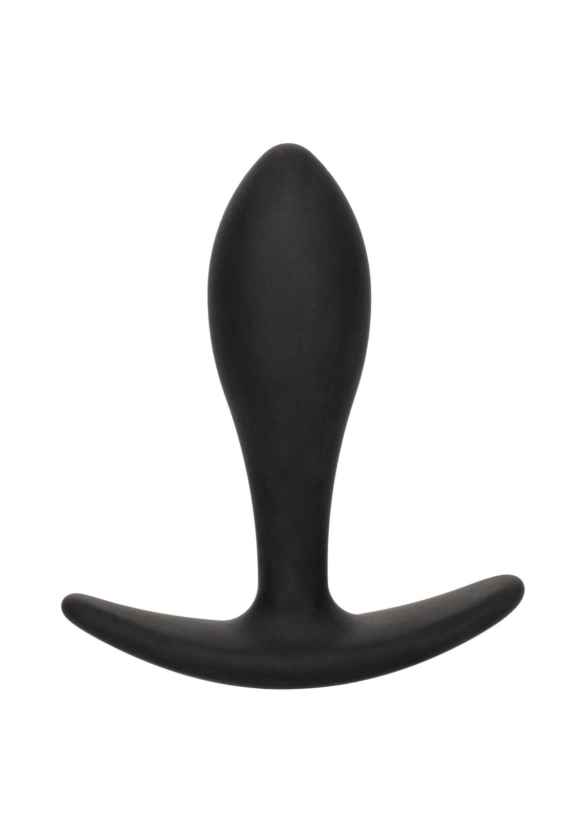 Zwarte teardrop anale plug met brede flens en gebogen steel.