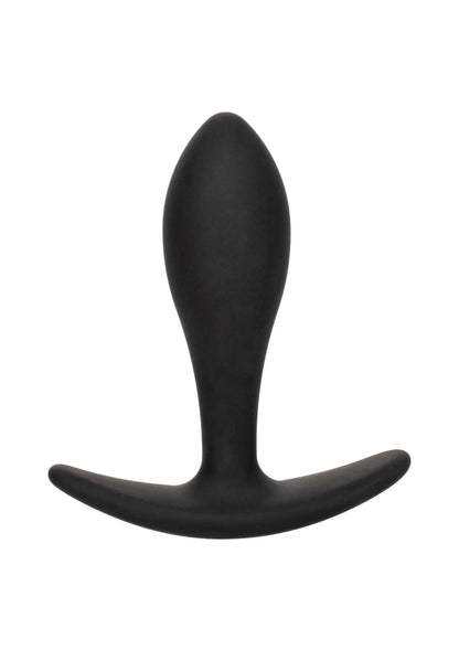Zwarte teardrop anale plug met brede flens en gebogen steel.