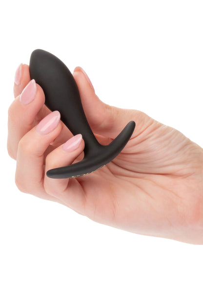 Anale plug met druppelvormige punt en brede schijf, zwart, vastgehouden in hand.