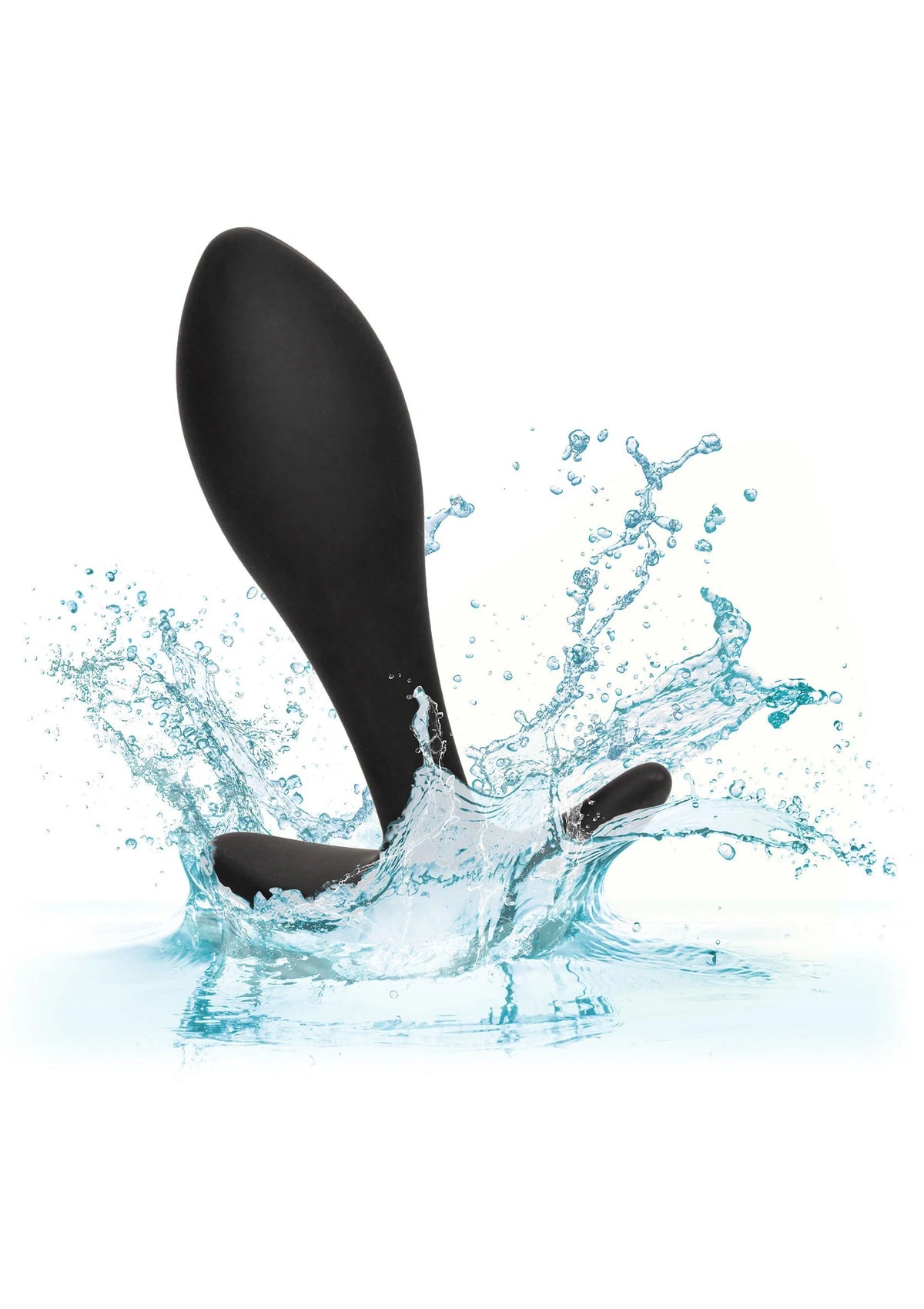 Anale plug met druppelvormige knop en brede basis, zwart silicone.