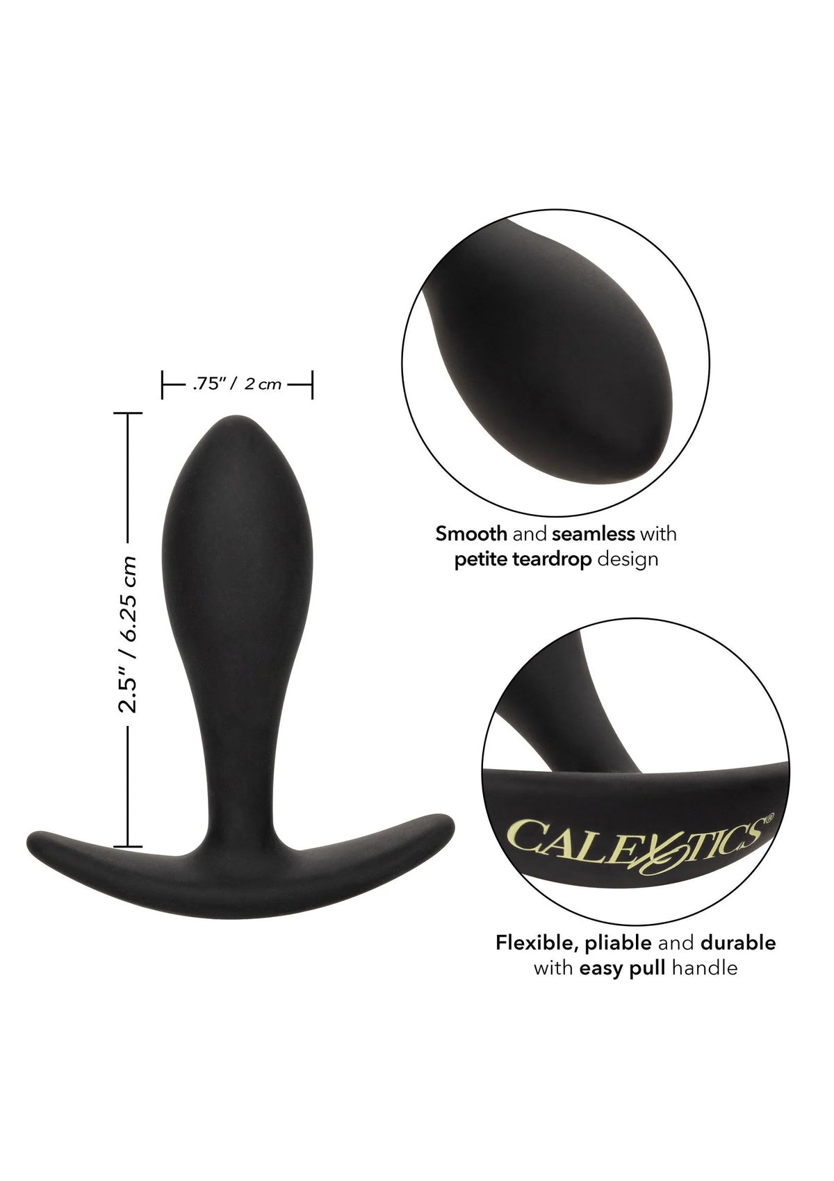 Zwarte traandruppel-plug met korte flens en petite teardrop-vorm, afmetingen weergegeven